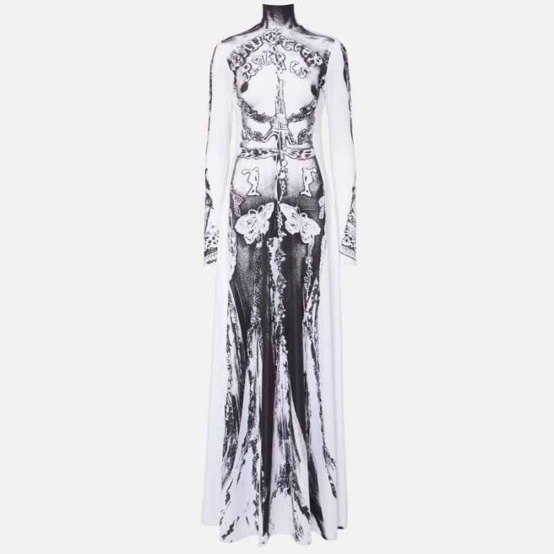 Mystic Midnight Women's High-Neck Halloween Dress – Long Sleeve, Gothic Print, Full Length