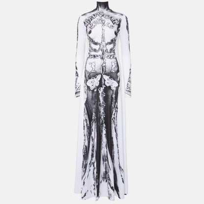 Mystic Midnight Women's High-Neck Halloween Dress – Long Sleeve, Gothic Print, Full Length